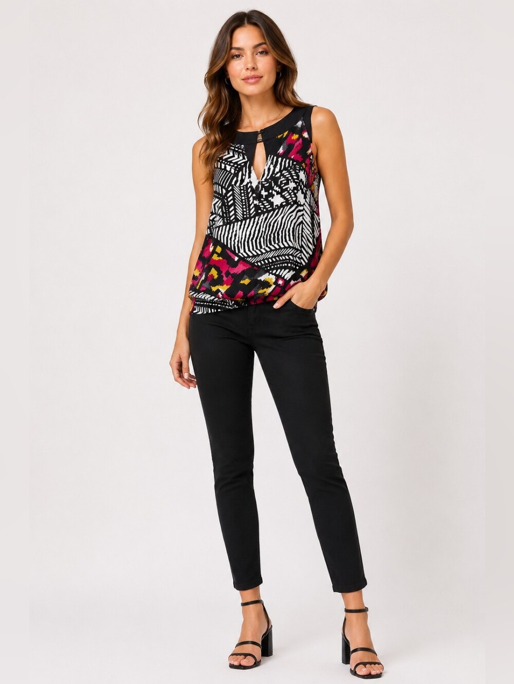 Bisou Bisou Blouse XS Chain Neckline Halter‎ Top Multicolor Abstract Print